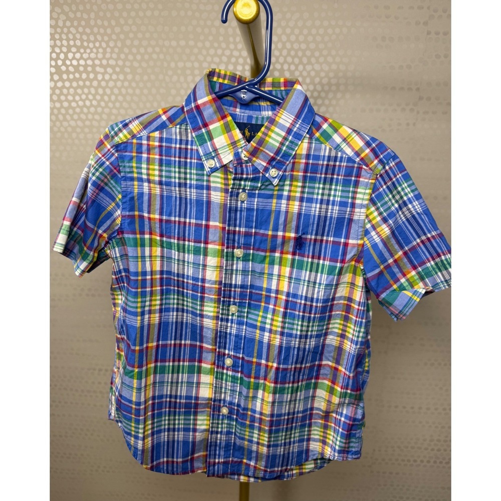 Ralph Lauren Boys 4 Madras Plaid Short Sleeve Button Down Shirt Multicolor Pony